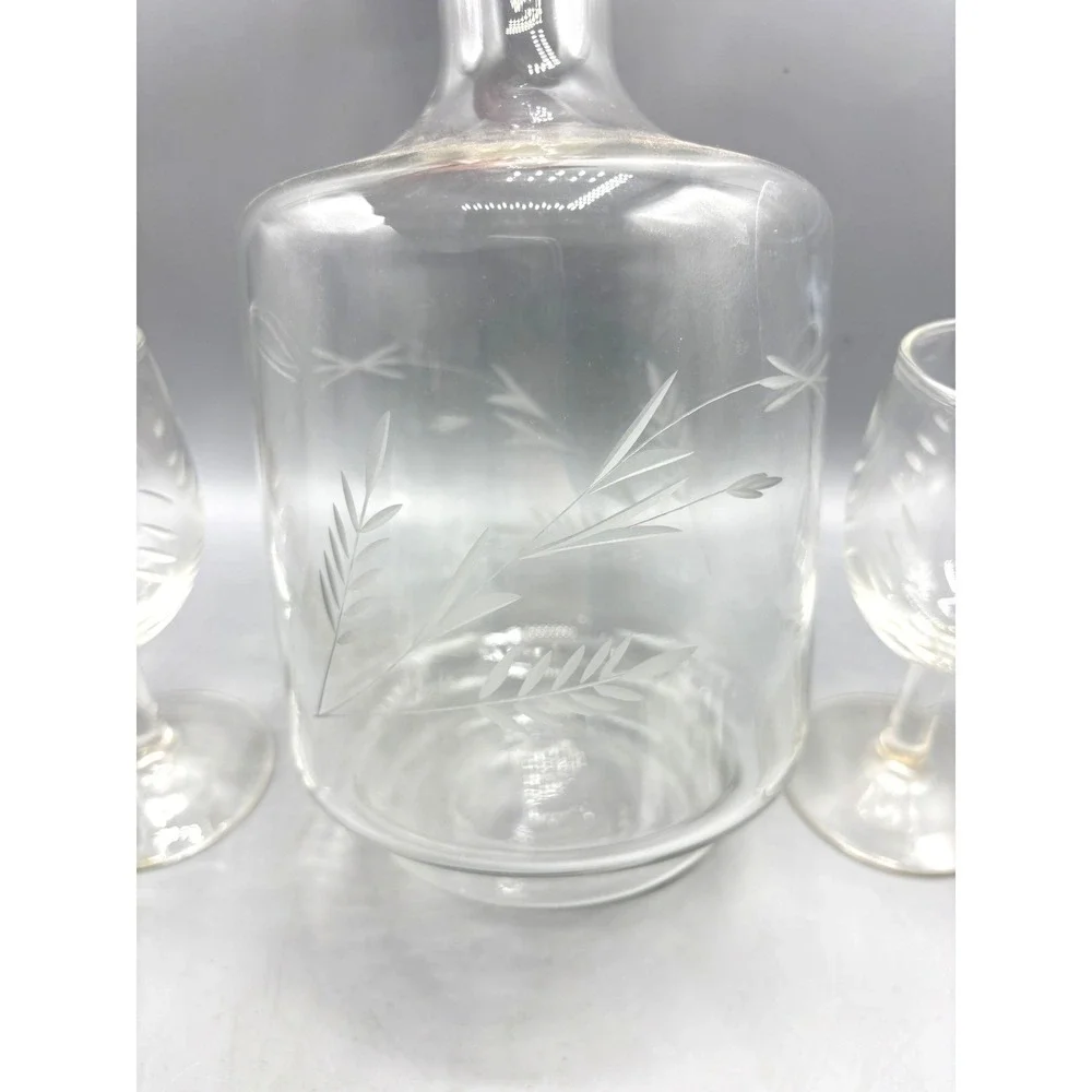 Vintage Etched Wheat Glass Decanter Set with Stopper and 3 Cordial Glasses Clear